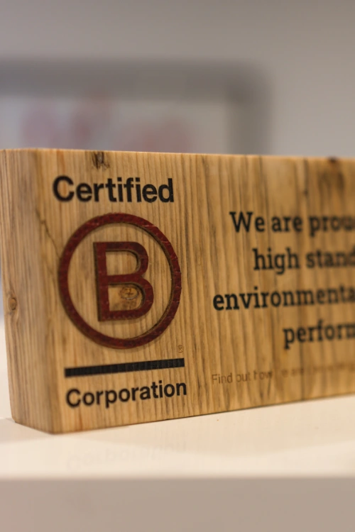 Photograph of wooden B Corp Award