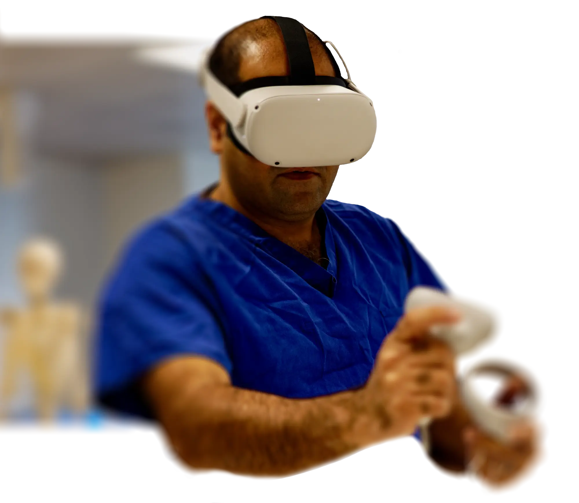 A healthcare worker wearing a VR headset